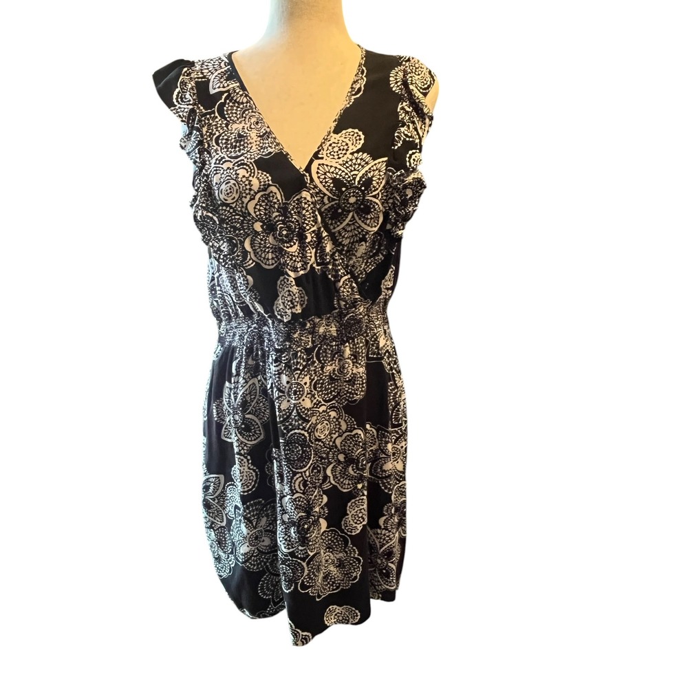 ELLE Faux Wrap Dress Womens L Black White Floral Ruffle Rayon Boho Summer Chic